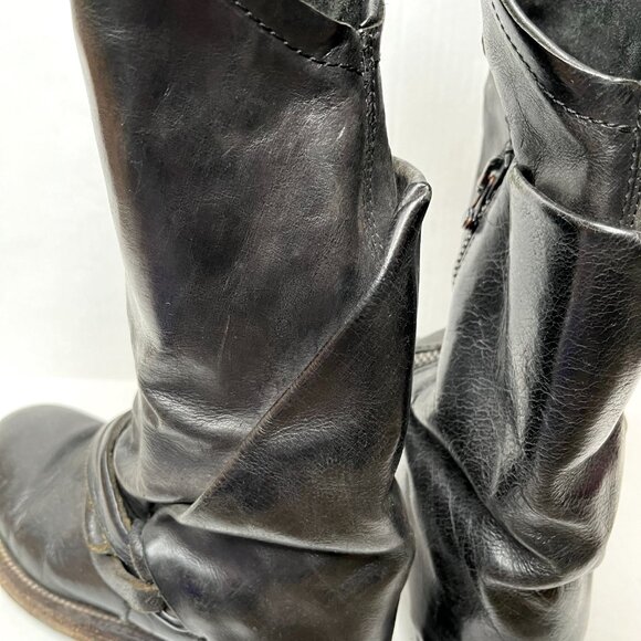 AS98 Leather Moto Boots Size 36 6 6.5 Black Knee High Foldover Cuff Fringe Biker - Picture 7 of 12